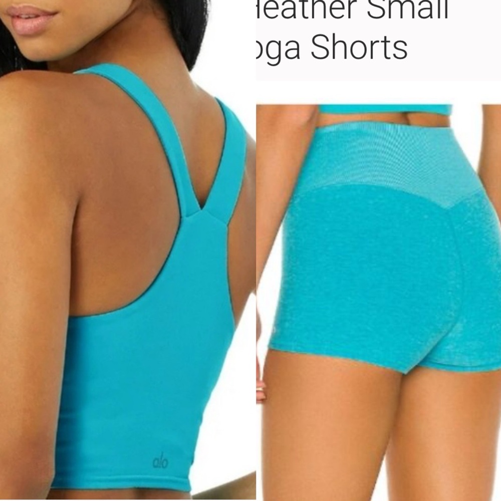 Alo soft high waist shorts and matching turquoise real tank long form bra MEDIUM